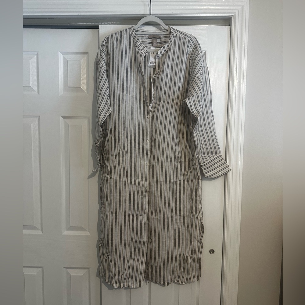 H&M Striped Long Linen-Blend Tunic Dress in Gray and White